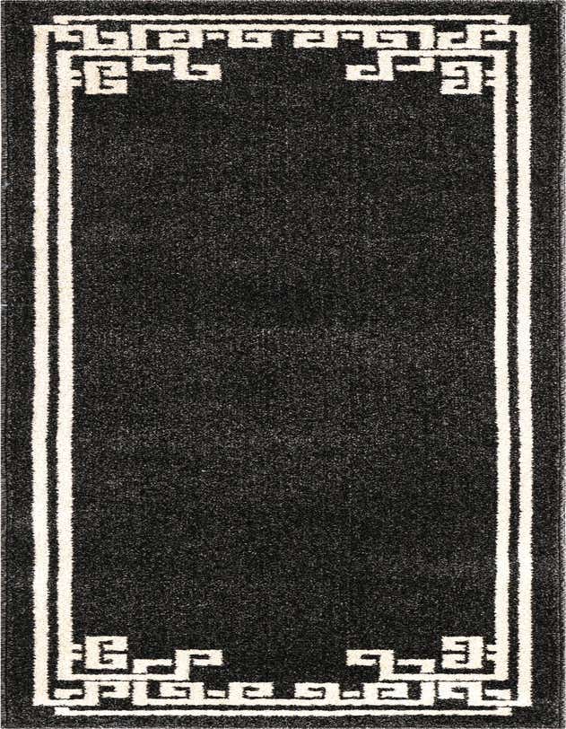 A black 6 ft runner rug with a cream Greek key border pattern, ideal for a hallway or kitchen.