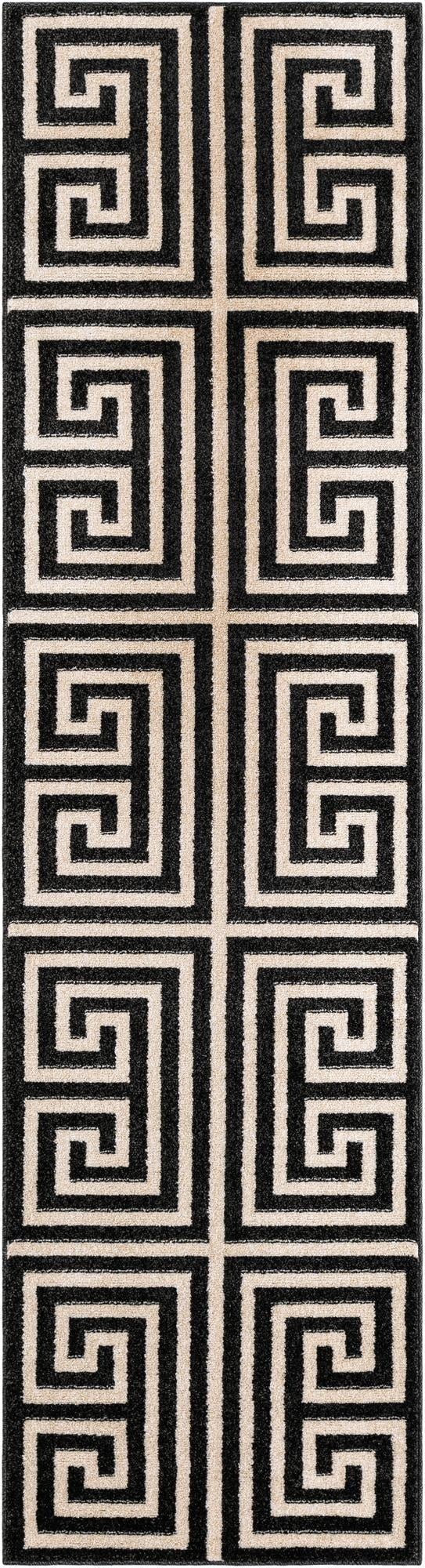 A 10 ft runner rug featuring a bold black and cream Greek key pattern, perfect for a hallway.
