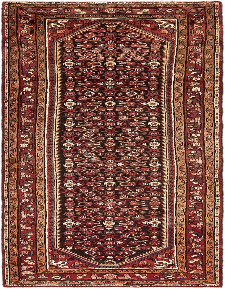 A long, narrow Hossainabad runner rug in black and red with intricate tribal and Persian patterns, ideal for a hallway.