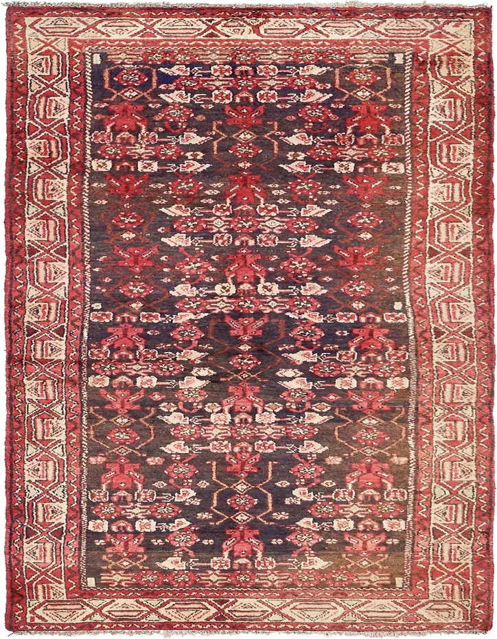 A 10 Ft Hossainabad runner rug with a dark, almost black, background and intricate red, cream, and white tribal and Persian patterns, ideal for a hallway.