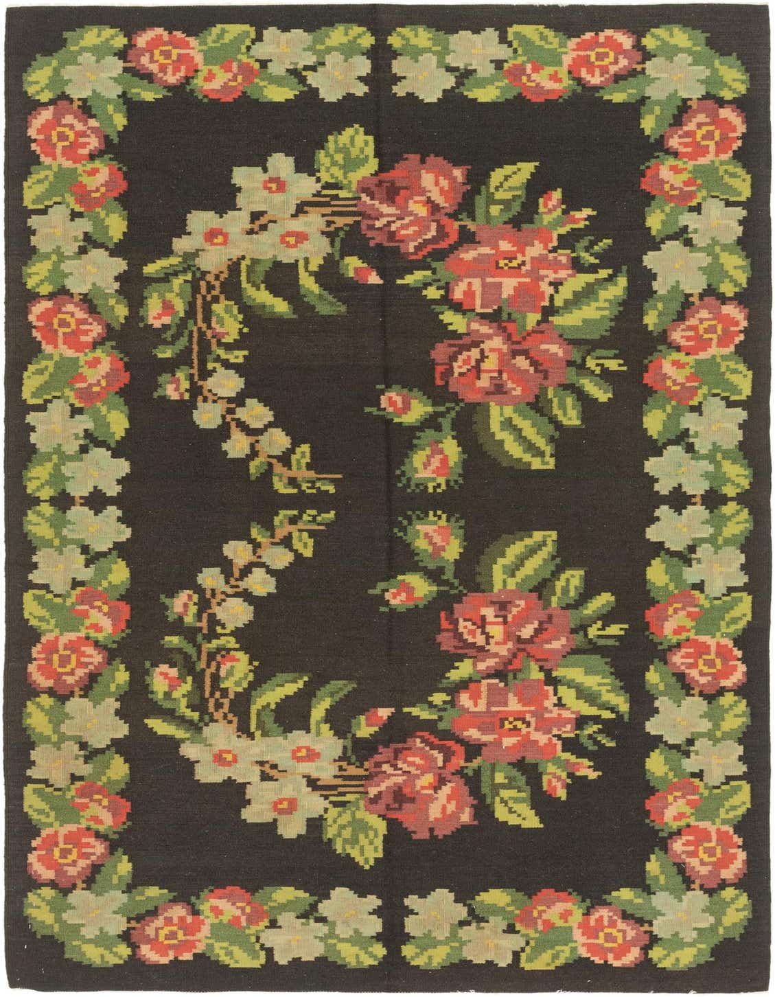 A 10 Ft Karabakh runner rug with a black background and a vibrant floral design featuring red, pink, and green flowers.