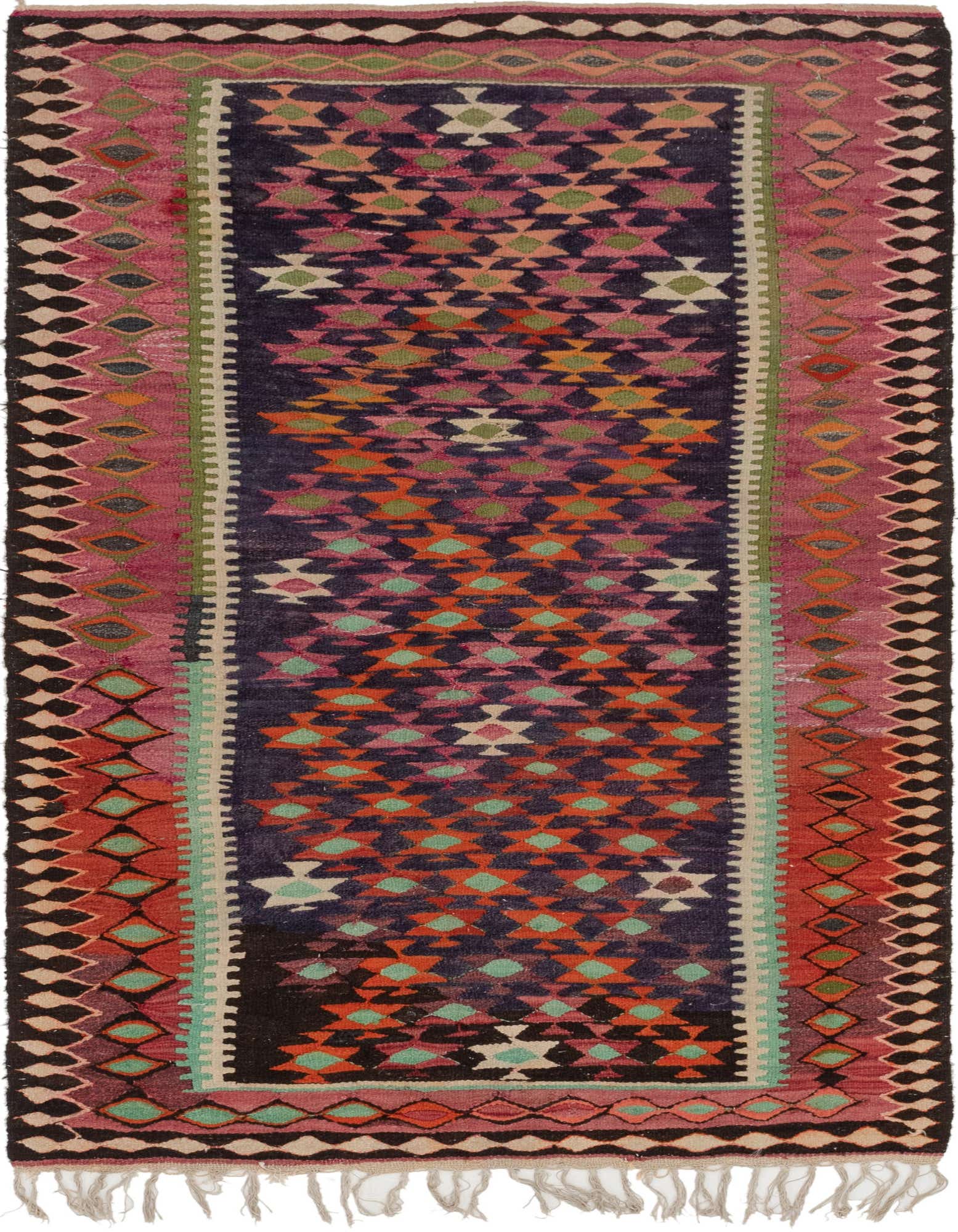 A 9 ft runner rug with a dark purple center featuring geometric patterns in pink, orange, green, and white, bordered by a wide pink band with diamond motifs, and black and beige edges, on a white background.