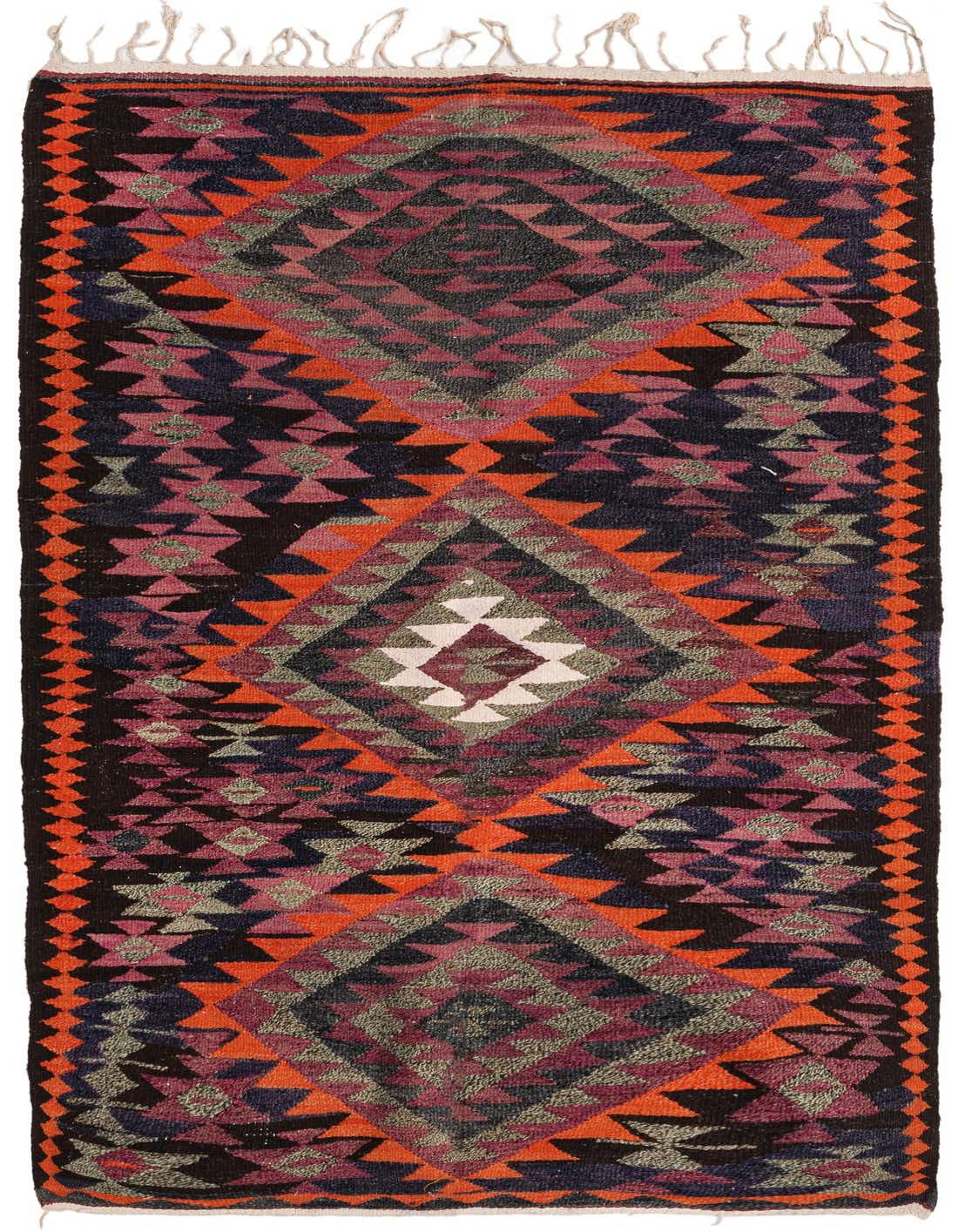 A vibrant 8 ft runner rug with a tribal Persian pattern in black, orange, purple, and pink geometric shapes, suitable for a hallway or kitchen.