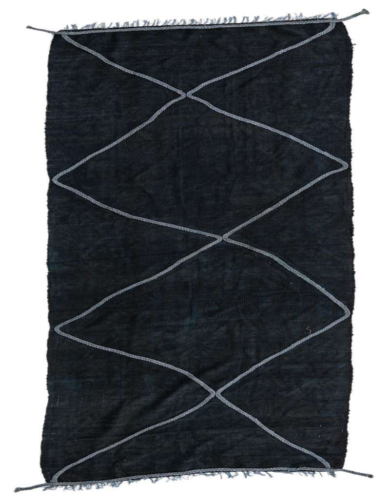 A 10 ft black wool runner rug with a gray braided diamond pattern and fringed ends, ideal for a hallway.