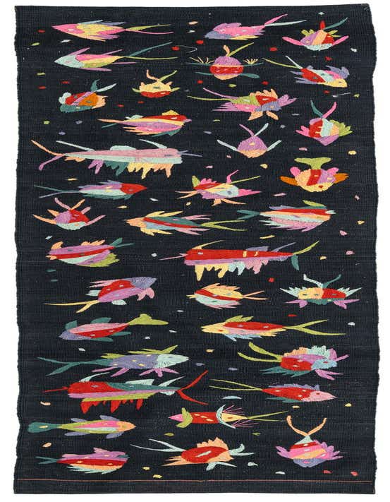 A black 10 Ft Kilim Suzani runner rug with vibrant, multi-colored embroidered fish patterns, ideal for a hallway.