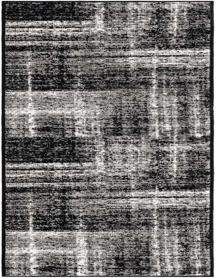 A 6 ft runner rug in black and gray with an abstract, distressed pattern, suitable for a hallway or kitchen.