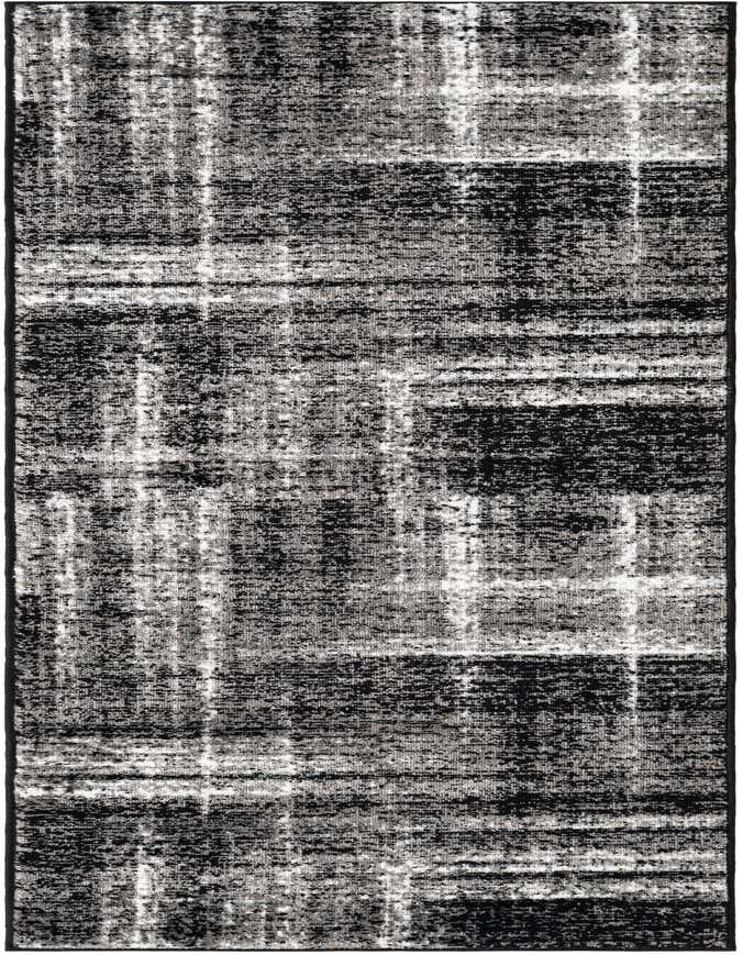 A black and grey 8 ft runner rug with a distressed, abstract pattern, ideal for a hallway or kitchen.