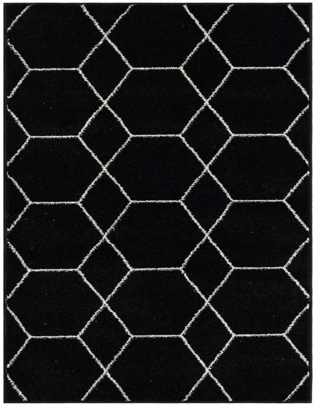 A black 6 ft runner rug with a modern white geometric lattice pattern, ideal for a hallway or kitchen.