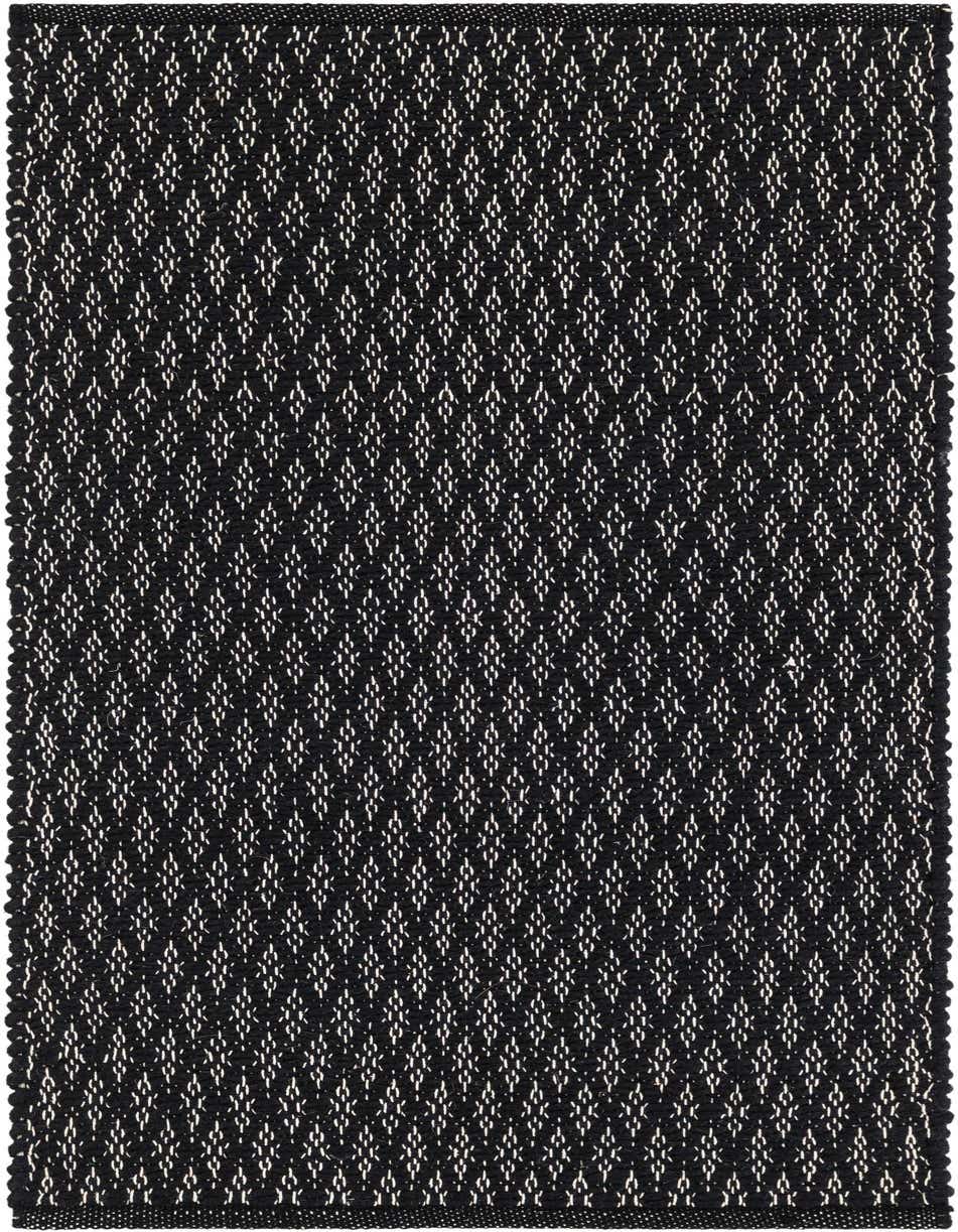 A black 4 ft runner rug with a subtle white modern lattice pattern, ideal for a hallway.