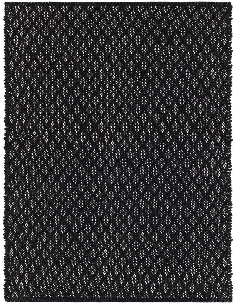 A 5 ft black runner rug with a modern lattice pattern in white, featuring a textured flatweave.