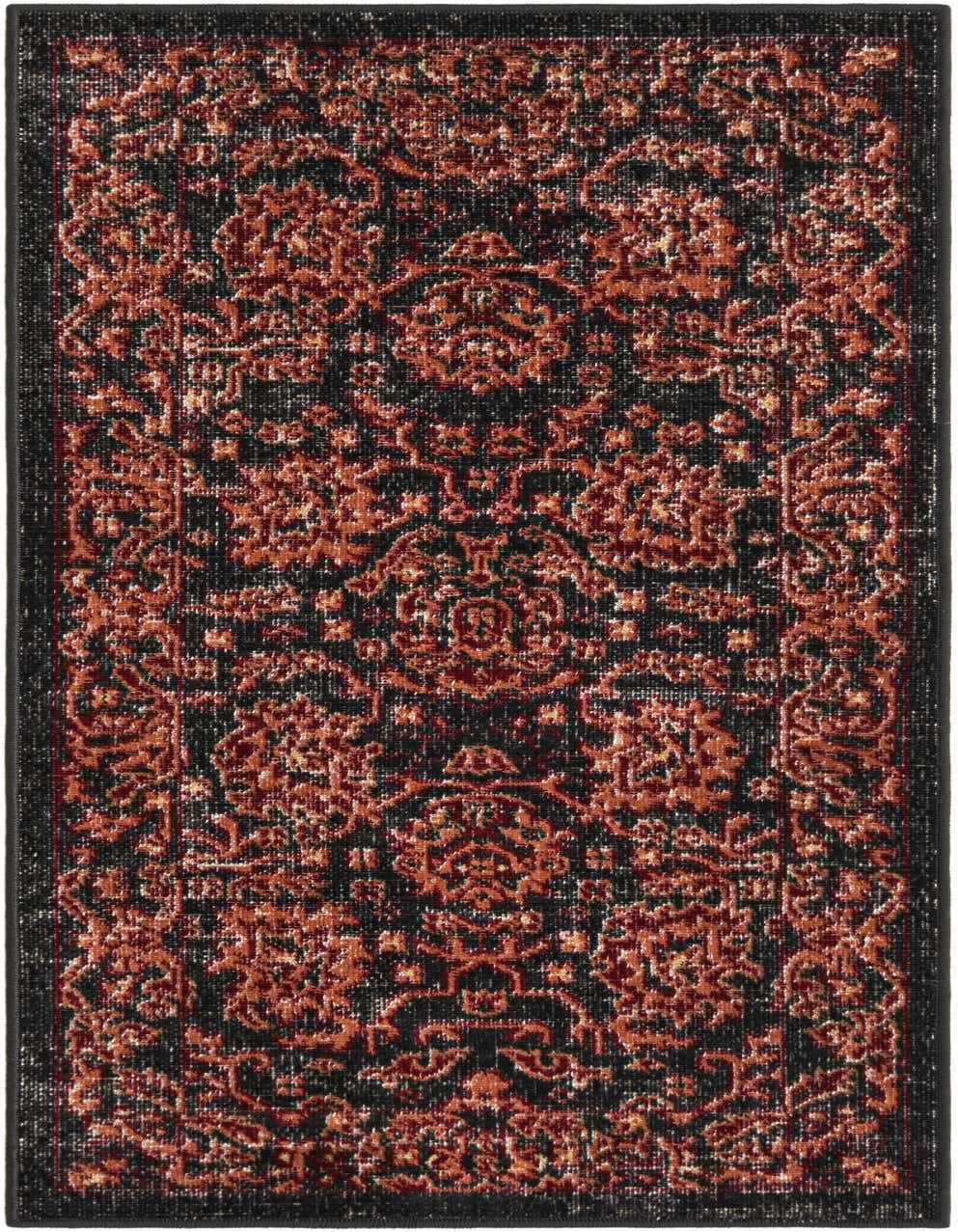 A 4 ft runner rug in black with a distressed traditional pattern in shades of rust and red, suitable for a hallway.