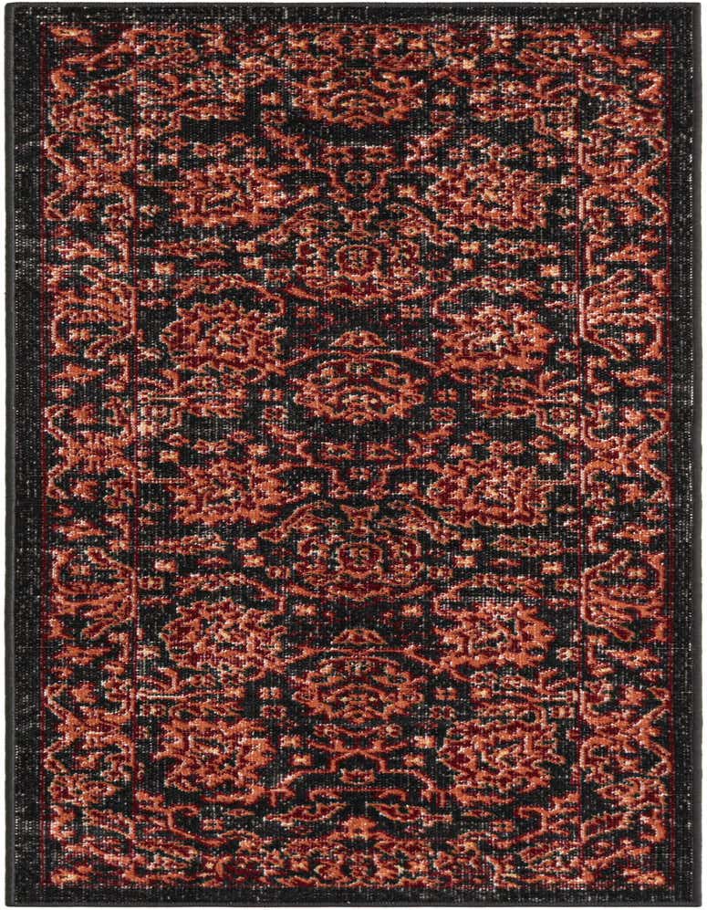 A 5 ft runner rug in black with a distressed traditional pattern in shades of orange and red, ideal for a hallway.