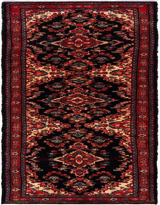 A 14 ft black Mahal runner rug with intricate red, blue, and cream Persian tribal patterns, ideal for a hallway.