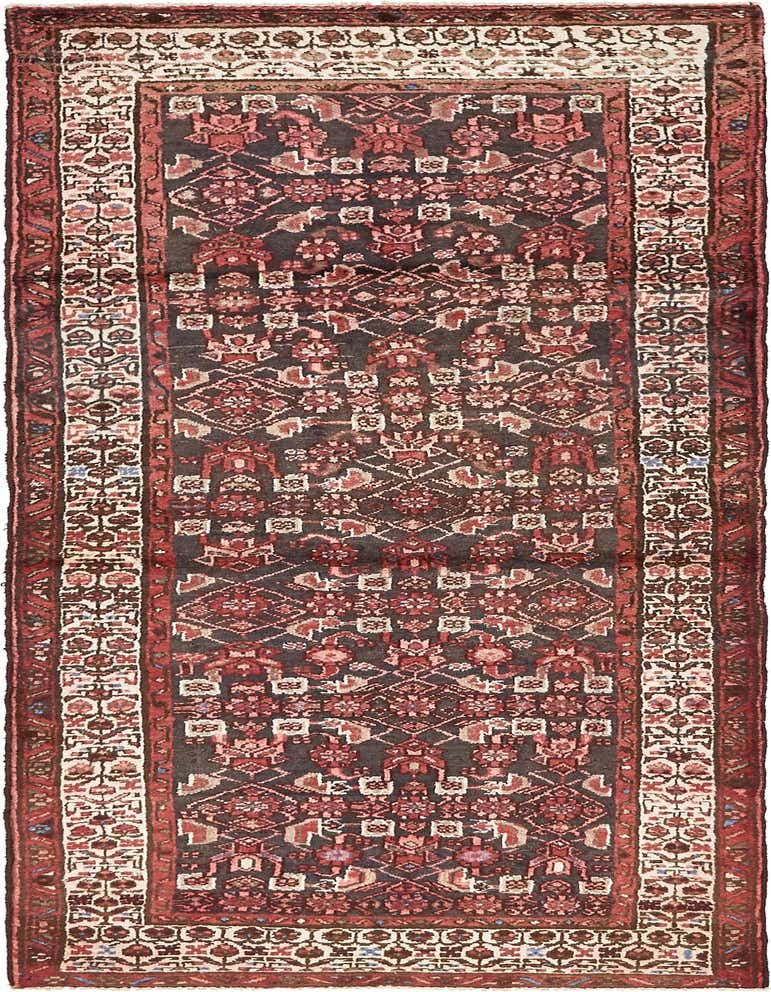 A handmade 11 ft Malayer runner rug in black, red, and cream, featuring a traditional tribal Persian pattern, ideal for hallways.