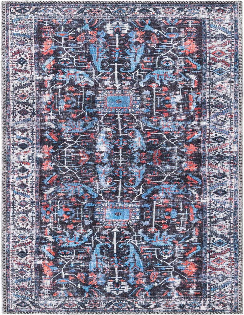 A 5 ft runner rug in black, blue, and orange with a distressed traditional tribal pattern and a decorative border.