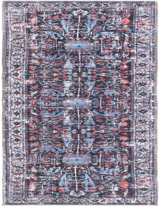 A black 8 ft runner rug with a distressed traditional tribal pattern in shades of blue, red, and white, featuring a non-slip backing.