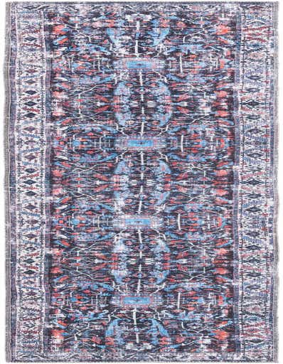 A 10 ft runner rug featuring a distressed traditional tribal pattern in black, blue, and coral, ideal for a hallway.