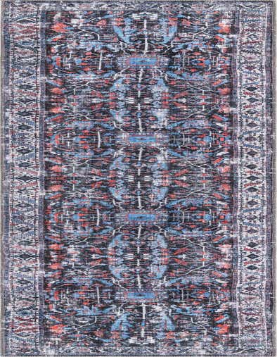 A 13 ft runner rug with a distressed black background, featuring vibrant blue and orange traditional tribal patterns, ideal for a hallway.