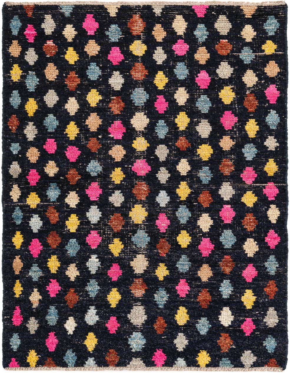 A 6 ft runner rug with a black background and colorful tribal diamond patterns in pink, yellow, blue, and brown.