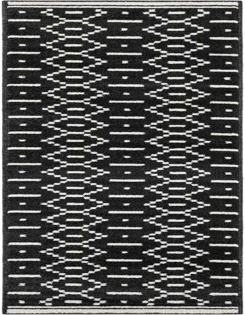 A black 8 ft runner rug with a modern geometric pattern of white diamonds and dashes, ideal for a hallway or kitchen.