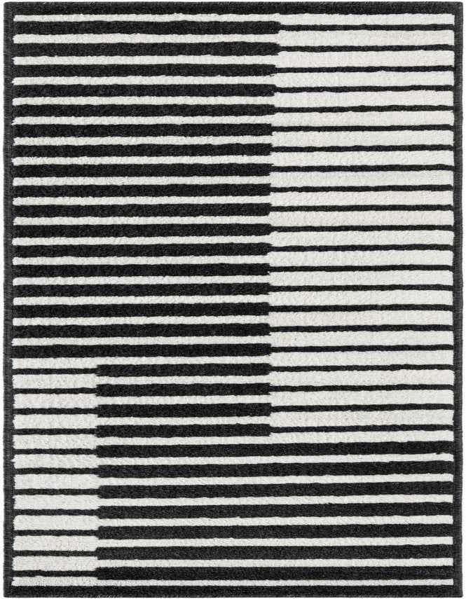 A 6 ft runner rug with a modern black and white striped pattern, ideal for a hallway or kitchen.
