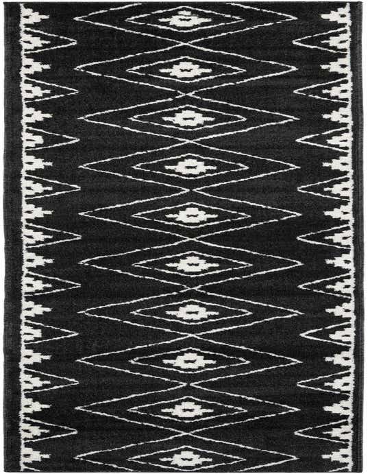 A 10 ft runner rug from the Oslo Collection by Rugs.com, featuring a modern black and white geometric diamond pattern, ideal for a hallway.