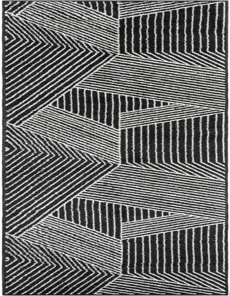 A 12 ft black and white modern runner rug with a bold geometric stripe pattern, ideal for a hallway.