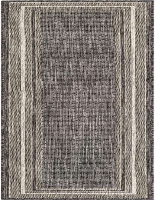 A black 8 ft runner rug with a textured, solid pattern and a light border, suitable for hallways or patios.