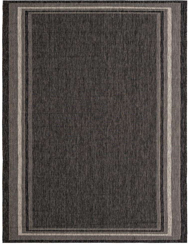 A 14 ft black modern runner rug with a light grey and dark grey striped border, suitable for a hallway or patio.