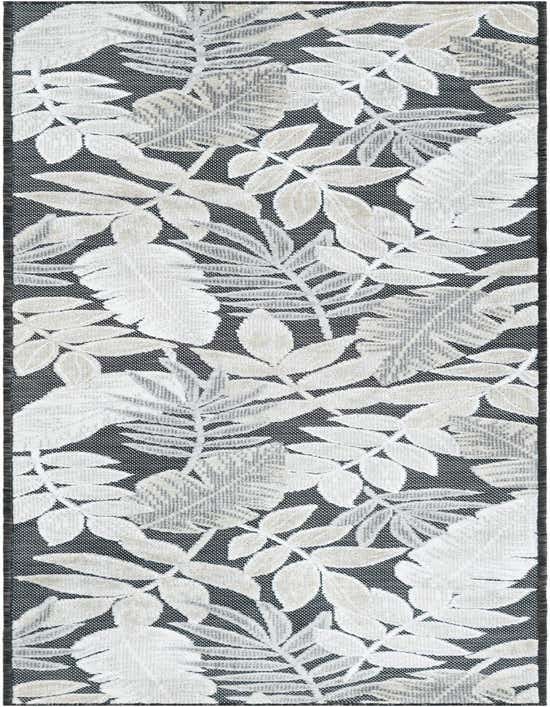 An 8 ft runner rug from the Outdoor Botanical collection featuring a black background with large, light-colored tropical leaf patterns, suitable for indoor/outdoor use.