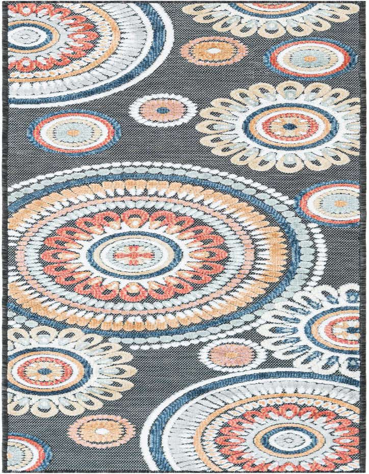 A 6 ft runner rug with a black background featuring large, colorful abstract floral medallions in blue, coral, orange, and white.