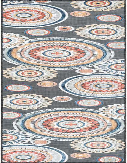 A 12 ft runner rug featuring a modern abstract pattern of large and small colorful medallions in shades of blue, orange, and beige on a black background.