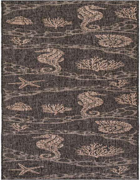 A black 12 ft runner rug with a repeating beige beach and nautical pattern featuring seahorses, starfish, shells, and coral.