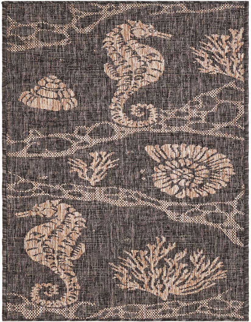 A 5 ft runner rug with a black background and light brown beach/nautical patterns including seahorses, coral, and seashells.