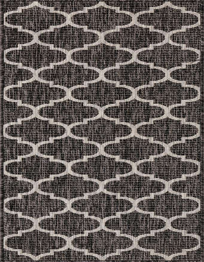 A 6 ft runner rug with a black background and a repeating white trellis pattern, suitable for indoor or outdoor use.