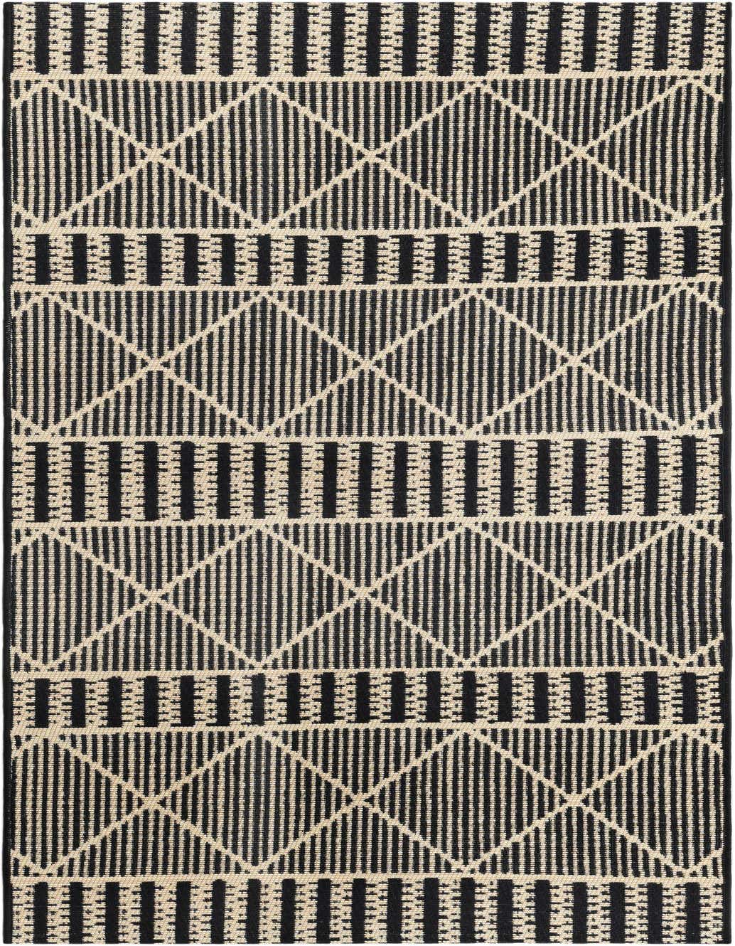 A black and beige 5 ft runner rug with a tribal trellis pattern, ideal for hallways or patios.