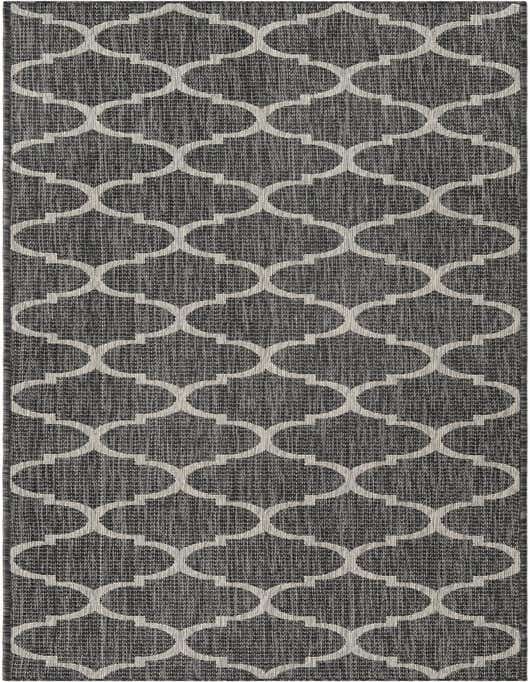 A 10 ft runner rug featuring a modern black and off-white trellis pattern, suitable for a hallway or patio.
