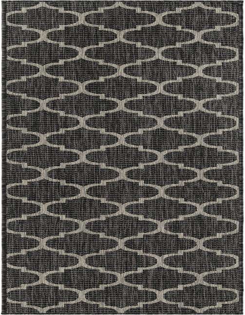 A black 8 ft runner rug with a repeating light gray trellis pattern, suitable for a hallway or patio.