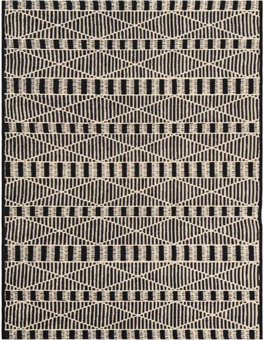A 10 ft runner rug in black and cream with a modern trellis pattern, suitable for a hallway or patio.