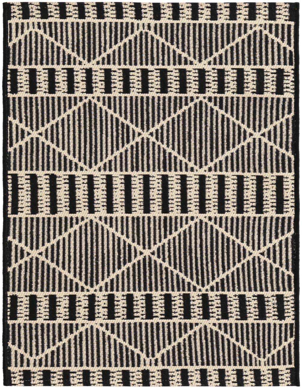 A 4 ft runner rug from the Rugs.com Outdoor Lattice collection, featuring a modern black and cream trellis pattern.