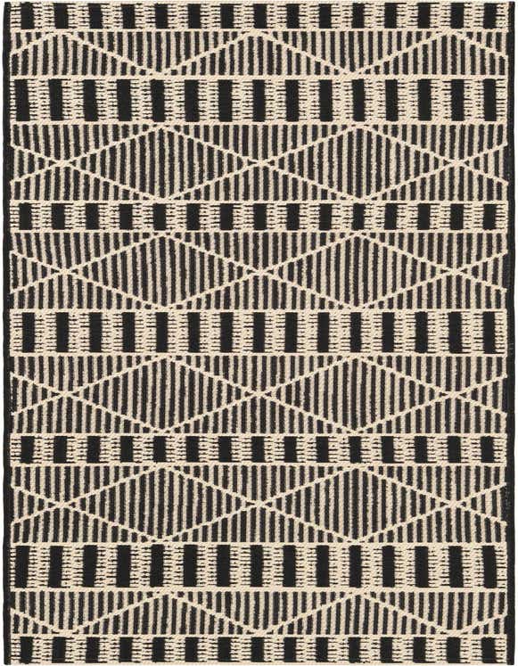 A black and cream 7 ft runner rug with a modern trellis pattern, suitable for a hallway or patio.