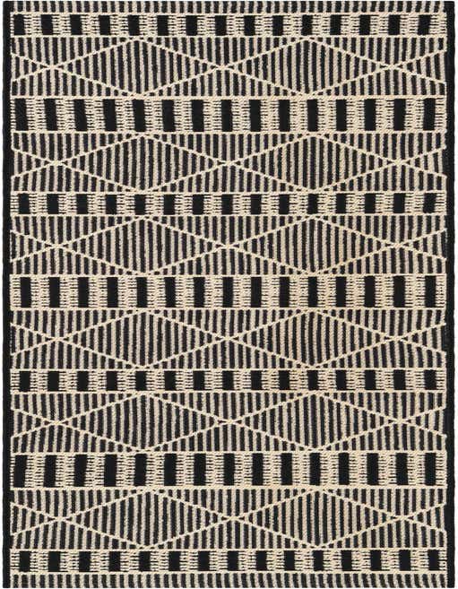 A black and cream 8 ft runner rug with a modern trellis pattern, ideal for a hallway or patio.