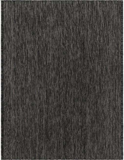A black 8 ft runner rug with a modern, solid flatweave texture, suitable for indoor and outdoor use.