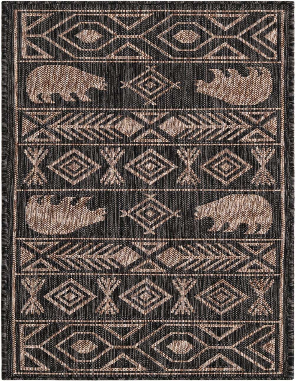 A 4 ft runner rug featuring a black background with light brown tribal patterns and bear silhouettes, suitable for indoor/outdoor use.
