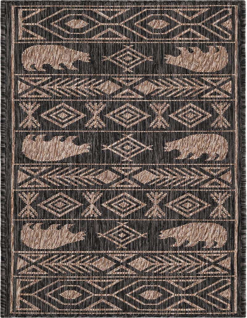 A black and beige Southwestern runner rug with tribal patterns and bear silhouettes, suitable for a hallway or patio.