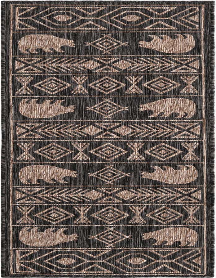A 6 ft black runner rug with a Southwestern tribal pattern featuring light brown bears and geometric shapes, suitable for indoor/outdoor use.