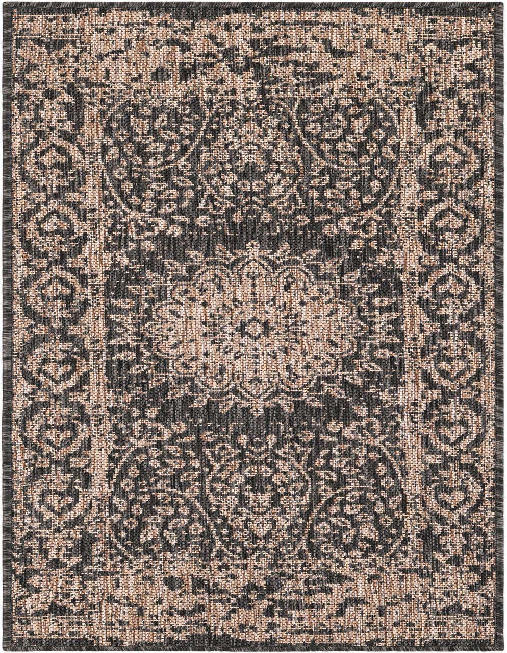 A 4 ft runner rug from the Rugs.com Outdoor Traditional collection, featuring a black and beige vintage medallion pattern, ideal for hallways or patios.