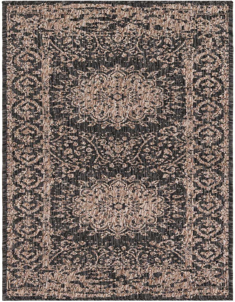 A 5 Ft runner rug featuring a black background with a distressed beige and brown traditional medallion and border pattern.