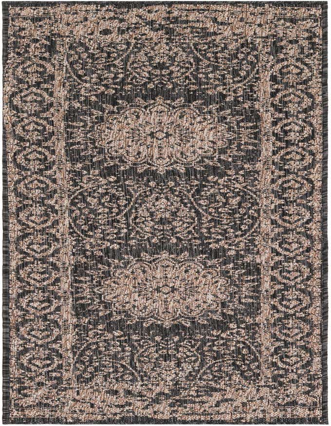 A 6 ft runner rug with a black background and faded beige traditional floral and medallion patterns, suitable for hallways or patios.