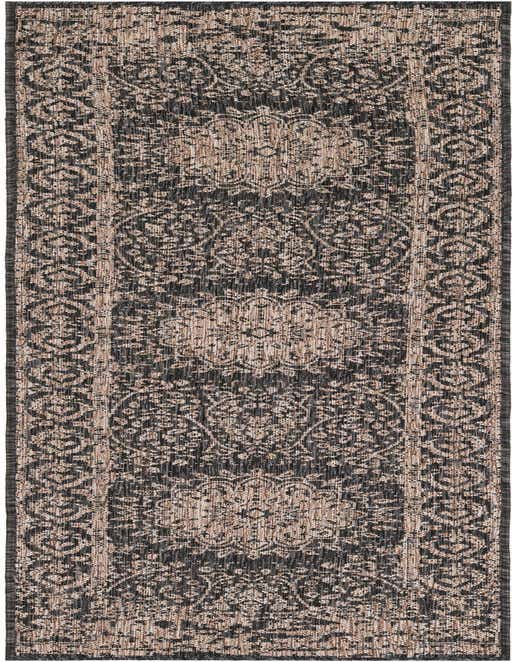 A black and beige 8 ft runner rug with a distressed traditional medallion pattern, suitable for hallways or patios.